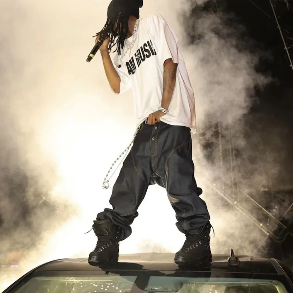 

Geometric Cutting Original Cow Jeans Pants Mens Streetwear Solid Color Loose Wide Leg Baggy Denim Trousers Oversized Cargos