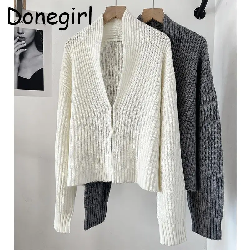 Donegirl Autumn Winter New 2024Women Solid Elegant Reverse Knitted Sweater Versatile Short Coat Temperament Cardigan Female Tops