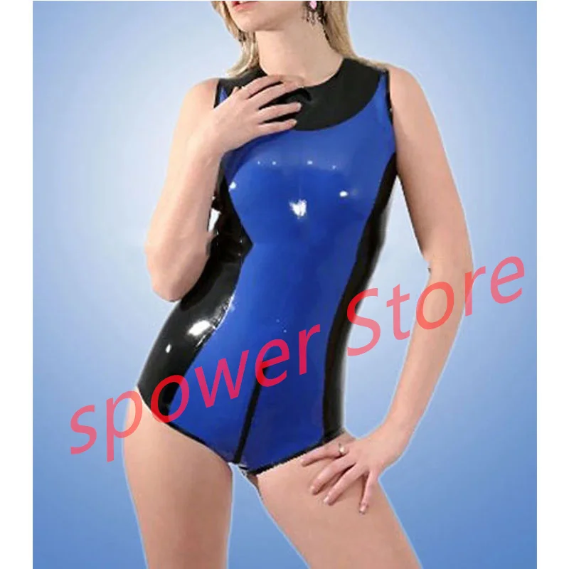

Latex Swimsuit Blue with Black Crotch Zip Catsuit Handmade Women Rubber Sexy Fetish Jumpsuit Customize Halloween Cosplay Costume