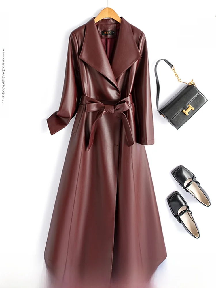 

Ele Bla Leather Jaet Women's Mid-Length eepskin Slim Fit Coat Sli Commute Sle Long Sve Suit Collar Coat