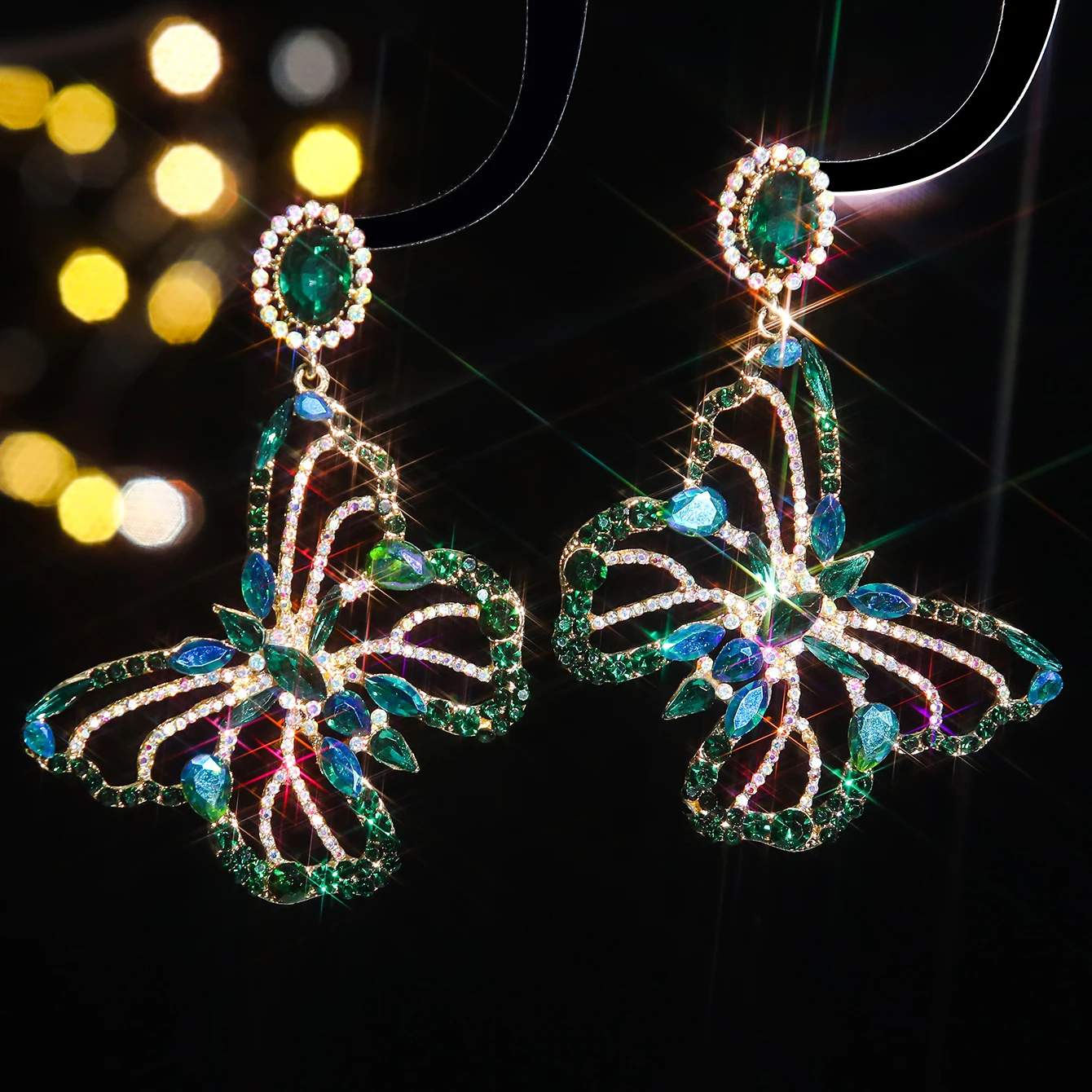 Fashion exquisite colorful rhinestone butterfly pendant earrings female personality creative temperament light luxury earrings