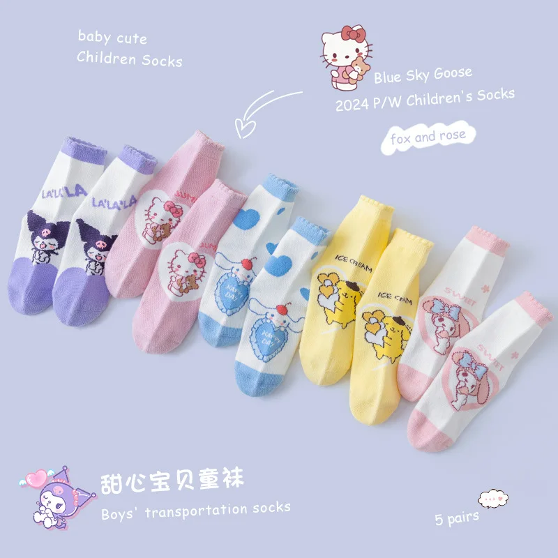 5 par skarpetek dziecięcych Sanrio Kuromi Kawaii Nowe jesienno-zimowe skarpetki dziecięce z kreskówek do połowy łydki Bawełniane skarpetki dla dziewczynek Prezenty