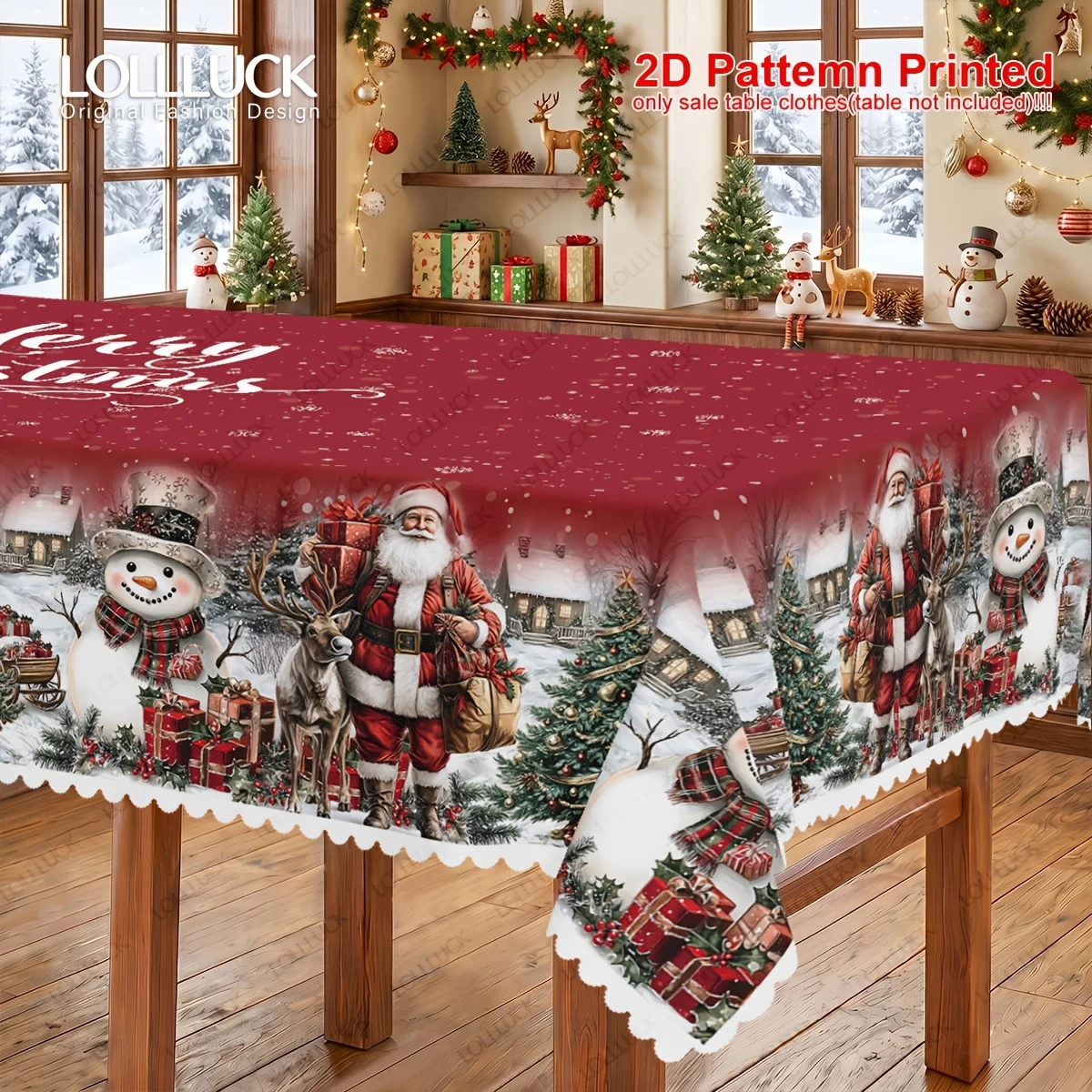 VIKAMA Vintage Christmas Tablecloth Burgundy Snowman Santa Reindeer Cottage Tree Lace Washable Rectangle Table Cover for Dining
