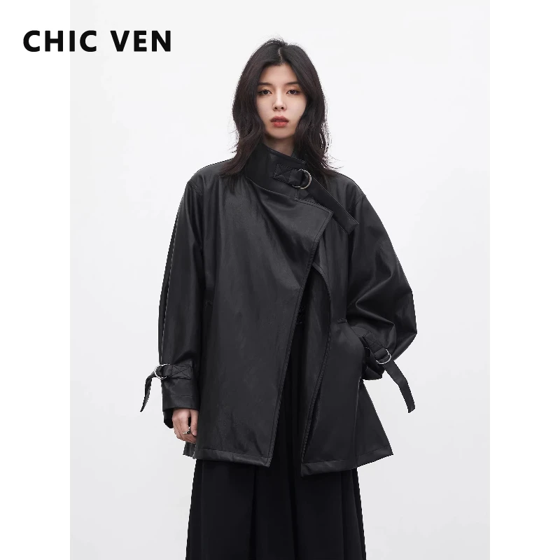 CHIC VEN Korean Women Faux Leather Coat Loose Casual D-button Female Overcoat Mid Length Windbreaker Jacket Spring Autumn 2026
