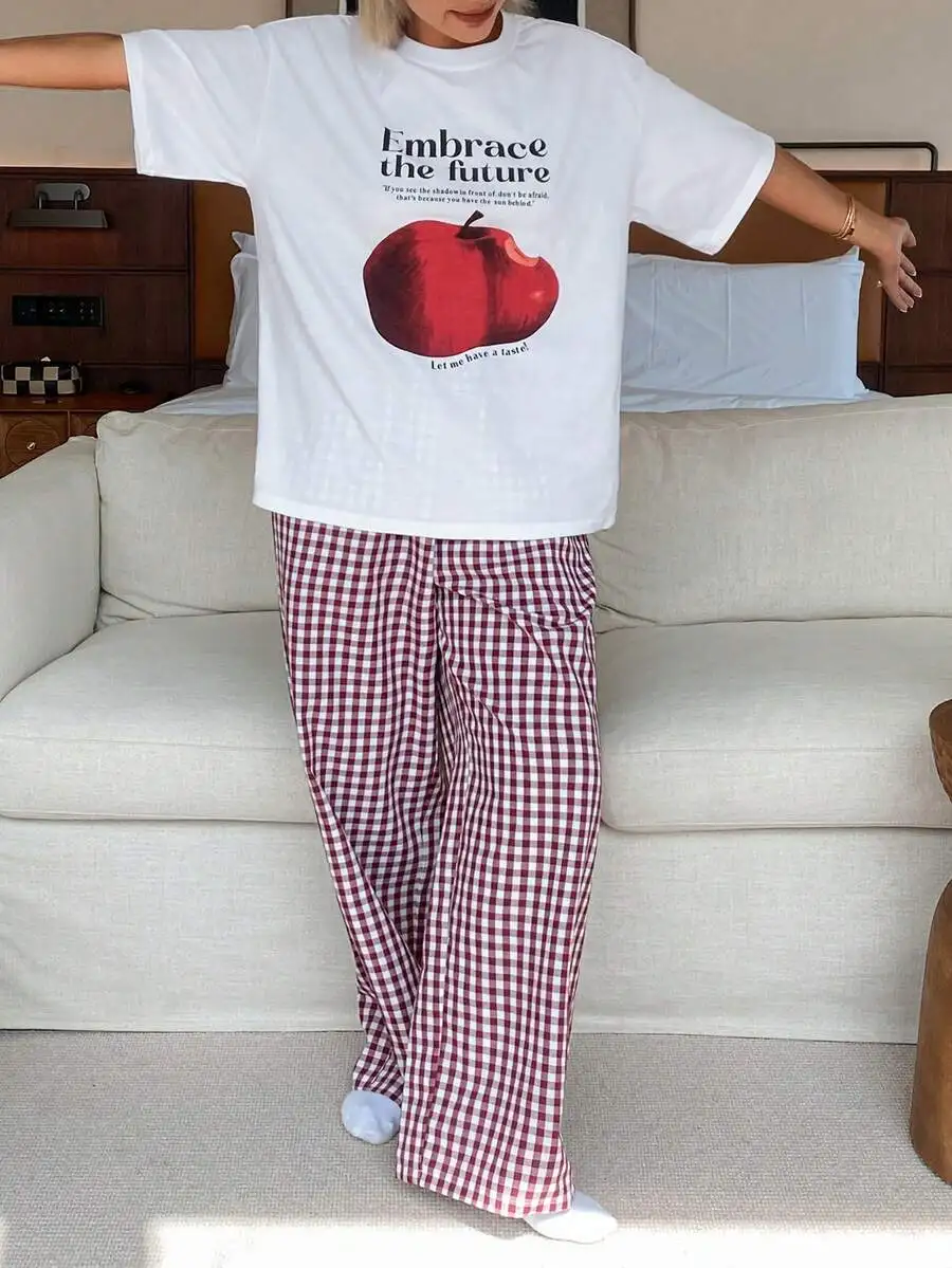 

Womens Loose Letter Print T-Shirt And Plaid Straight Leg Pajama Pants Set