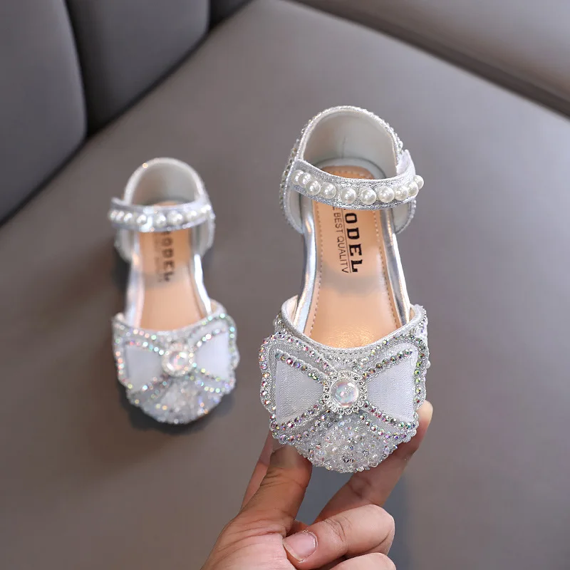 

Children's Sequin Bow Sandals Toddlers Glitter Rhinestone Pearl Princess Sandals Kids Soft Bottom Party Dance Shoes