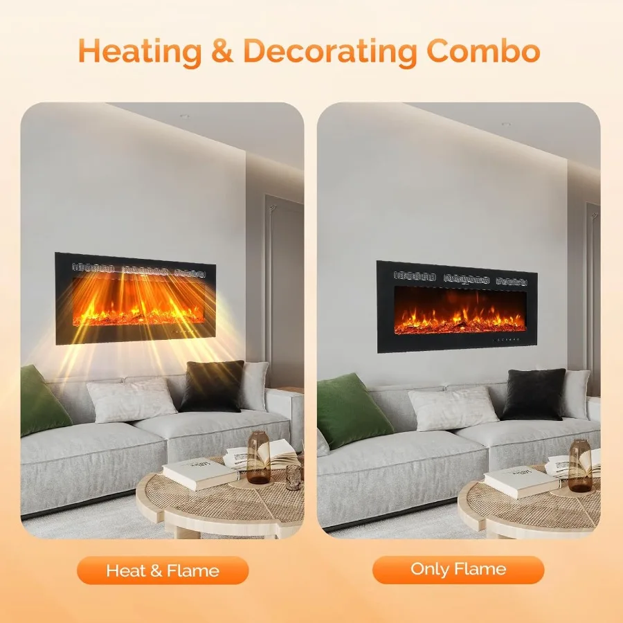 42 Electric Fireplace Wall-Mounted Inserts Fireplace Heater with Remote WiFi Control 12 Adjustable Flame Colors Log Crystal Set