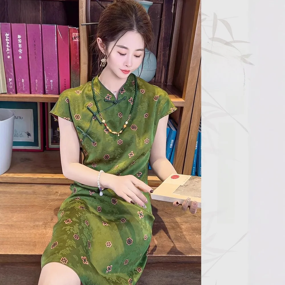 

Элегантное шелковое платье с пуговицами и воротником-стойкой, длинное летнее платье с принтом в винтажном китайском стиле