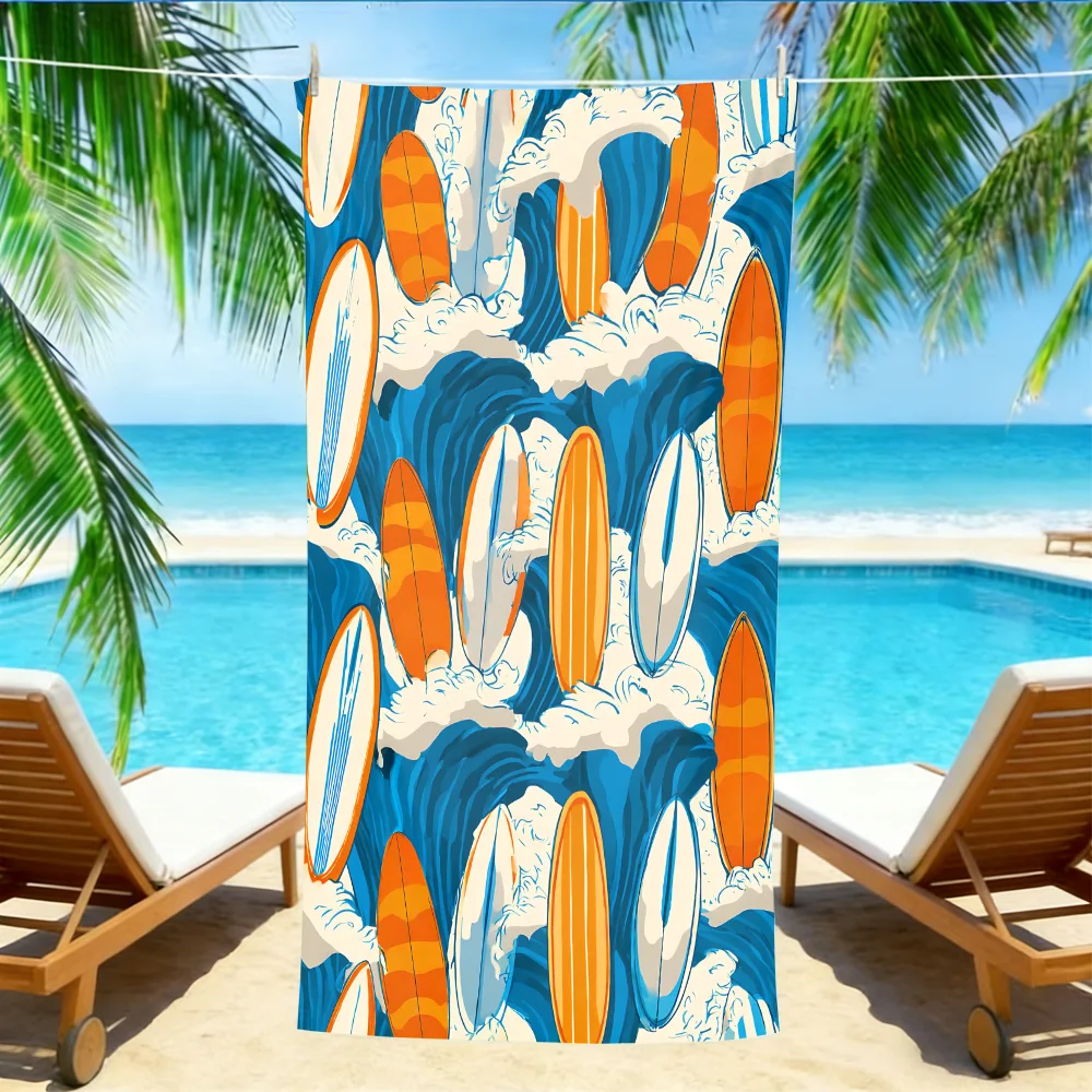 Retro Surfboard Beach Towel – Oversized Quick Dry Sand Free with Ocean Wave Print