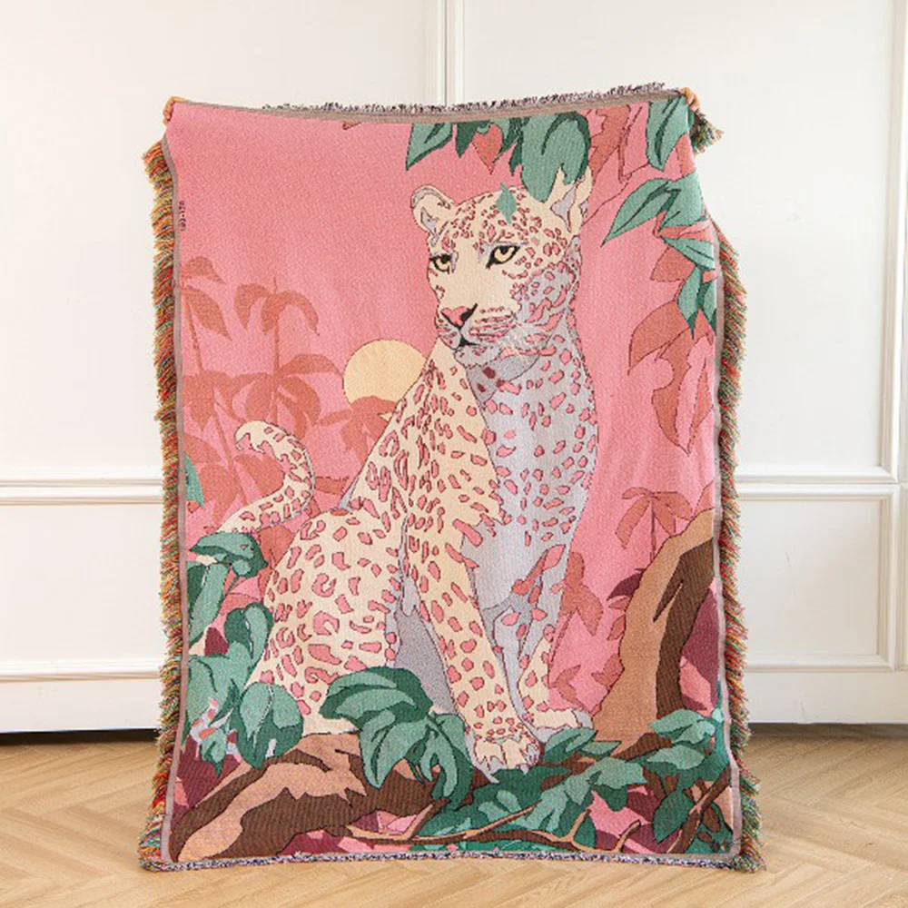 Brand Pink Leopard Quilted Sofa Blanket Cotton Blend Snow Leopard Cheetah Pattern Boho Tapestry Travel Beach Towel Nap Cover