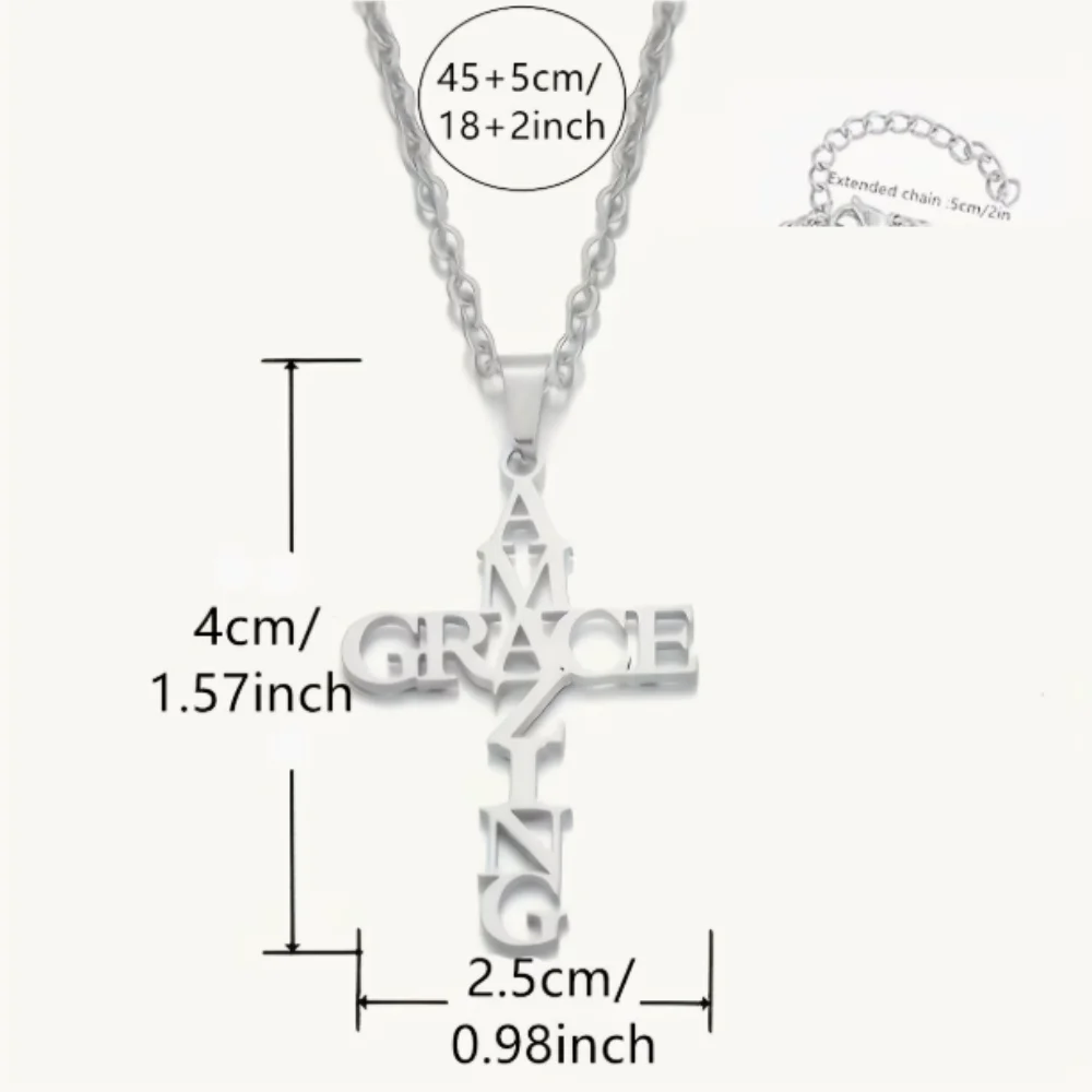 Stainless Steel Amazing Grace Cross Necklace Hollow Letter Crucifix Pendant Christian Religious Jewelry Gift for Men Women