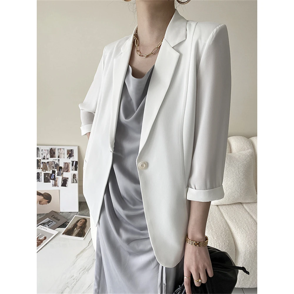 Korean Casual Slim Blazer Coat Office Ladies Tops Outerwear Female Solid Color Simple Temperament Single Button Suit Jacket Gift