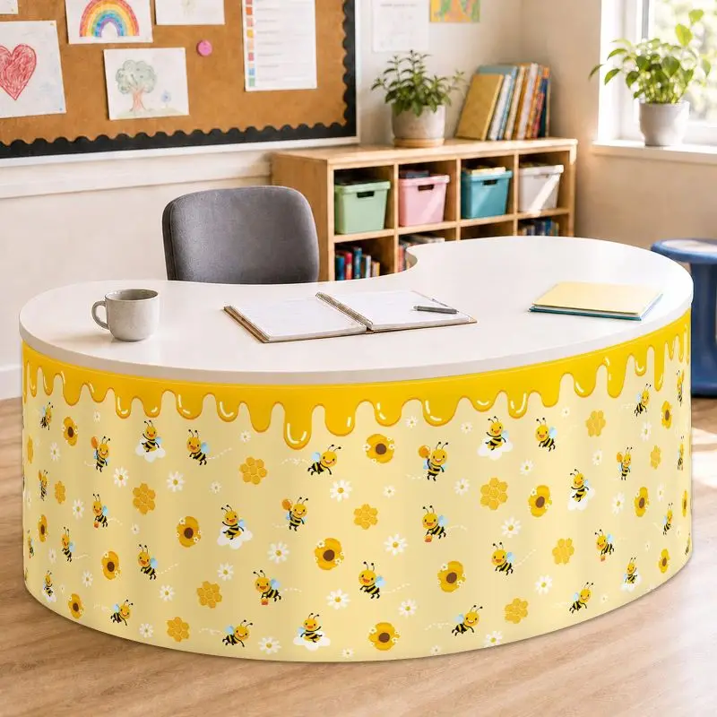VIKAMA Cute Bee Daisy Desk Skirt Hook and Loop No Drill Table Cover Teacher Student Desk Cabinet Bookcase Classroom Decor