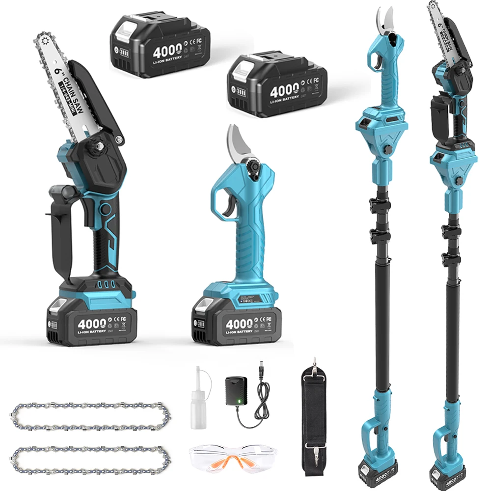 Taskstar 3-in-1 Brushless Pole Pruner & 6 Inch Cordless Chainsaw 30mm Electric Scissors Multi-Angle Adjustable Pole Saw for High Branches Pruning with 2 4.0Ah Batteries