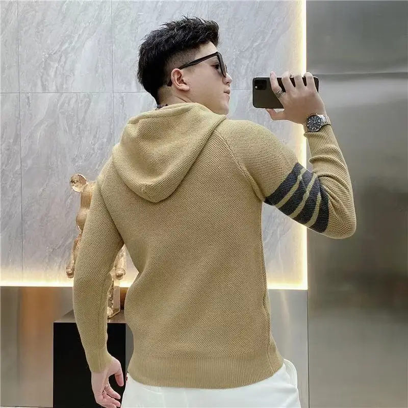 New striped knitted sweater hooded sweater for men's autumn winter collection a casual fashionable versatile trendy brand S-4XL