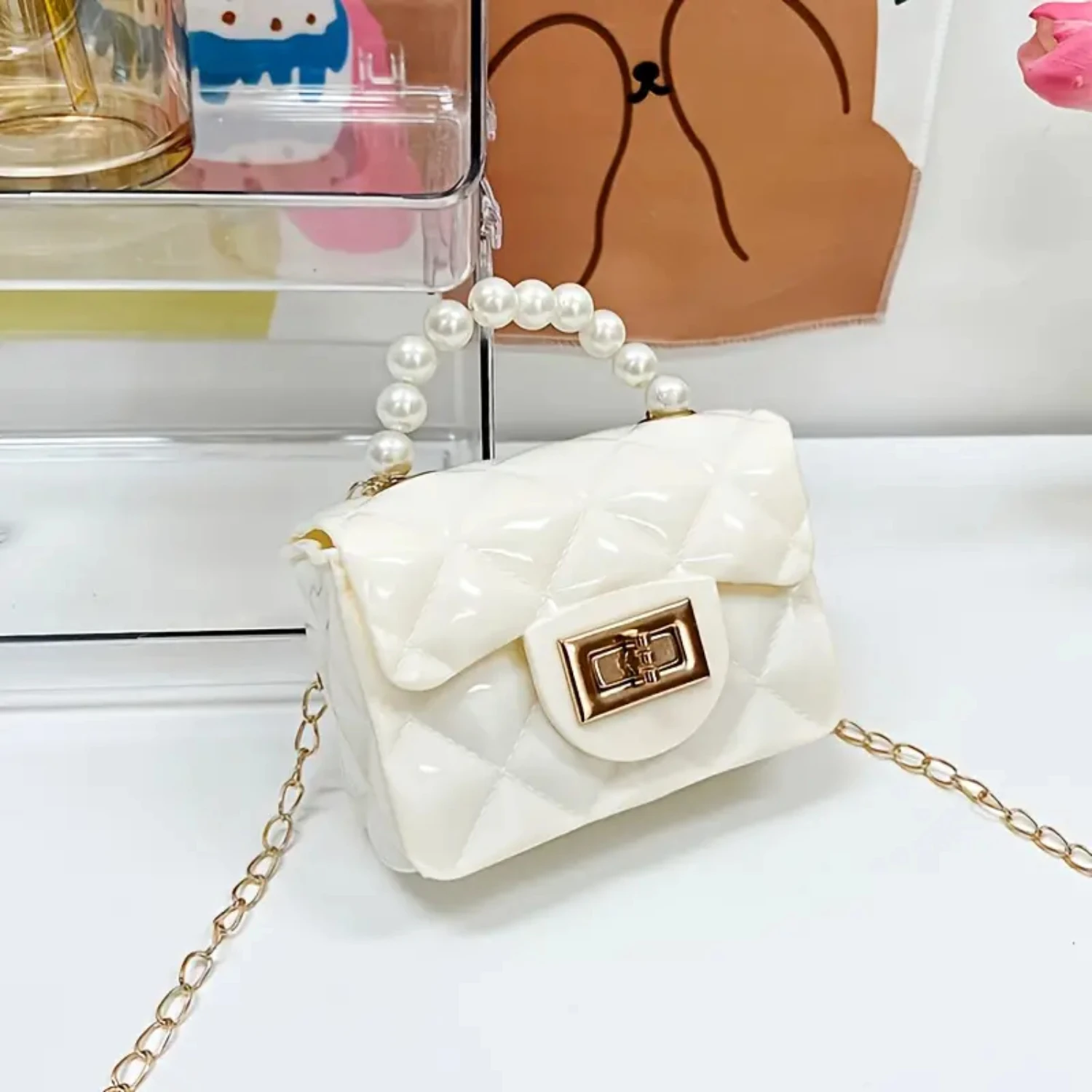 Mini-Umhängetasche für Damen mit Perlenkette, süße Handtasche