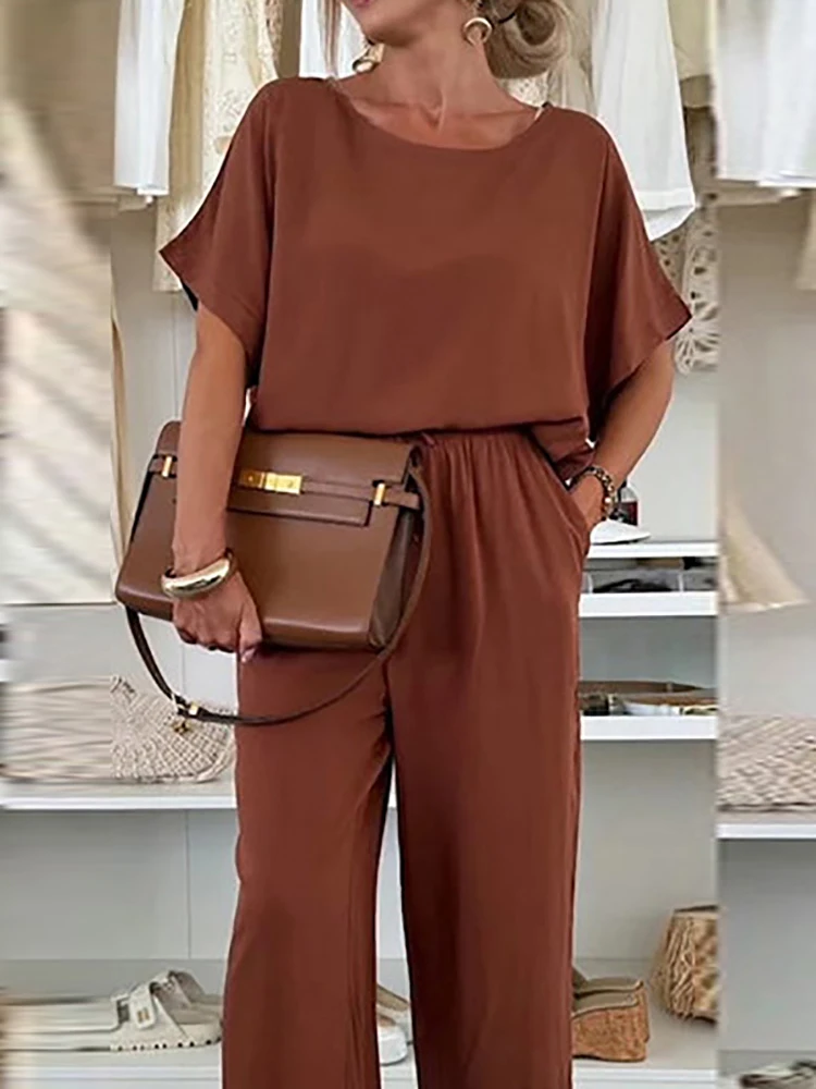 

Vintage O Neck Short Sleeved Top and Pants New Outfit Casual Loose Straight Sets Women's Clothing Summer Solid Color Sports Suit