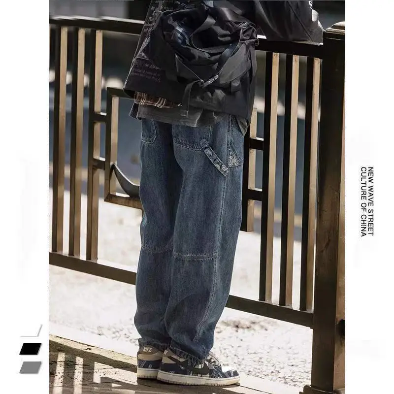 Spring Vintage Jeans Men's Loose Cashew Blossom Stitching Blue Straight Casual Overalls Hip Hop Street Fashion Jeans