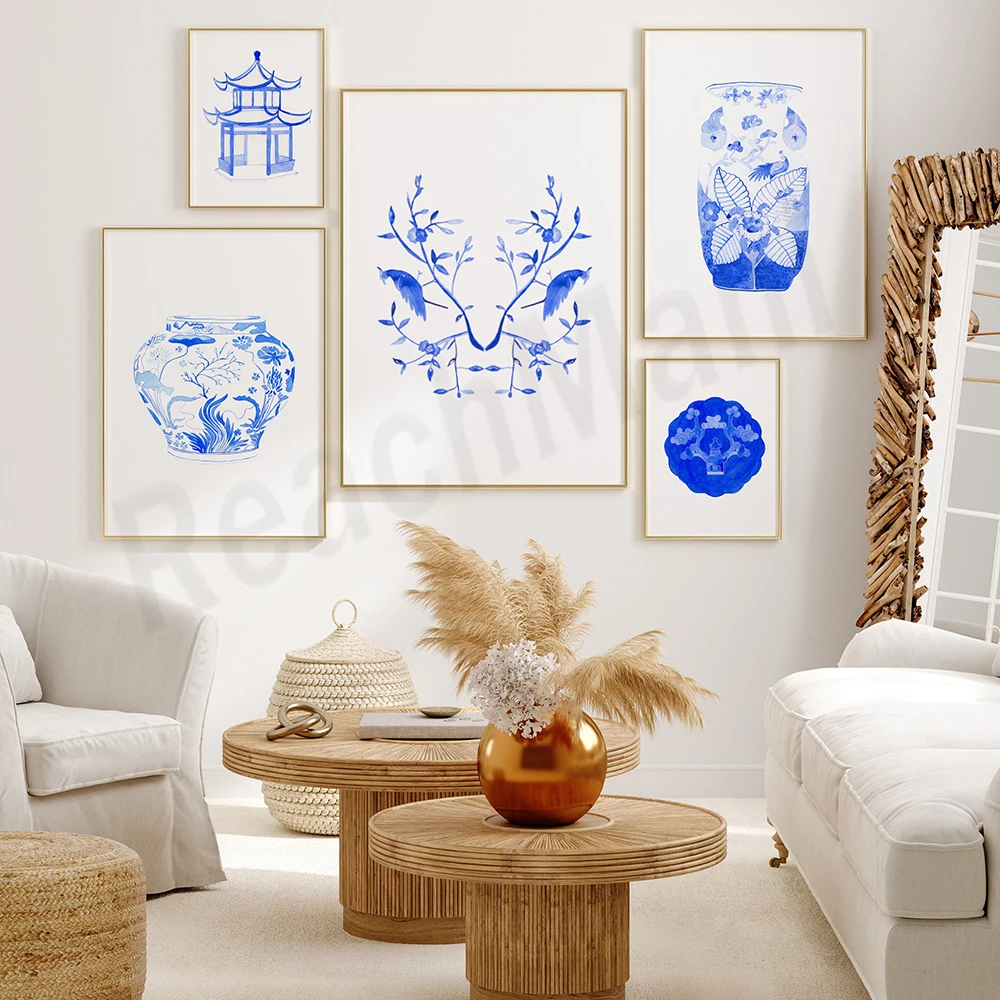

Watercolor blue and white Chinese style art, porcelain canvas print, pagoda art, vintage vase poster