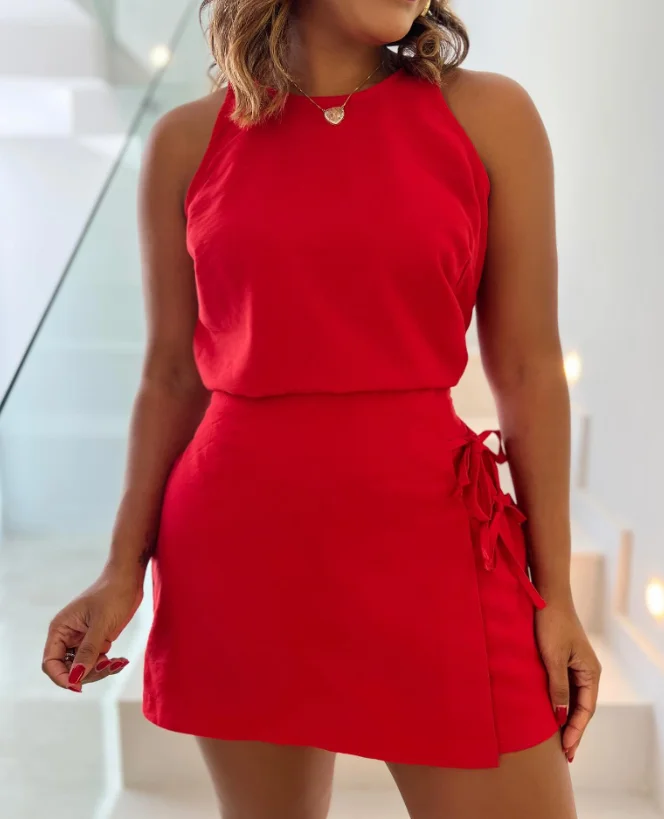 

2 Pieces Outfit Halter Sleeveless Back Hollow-out Top and High Waist Side Tied Detail A Line Skirt Set