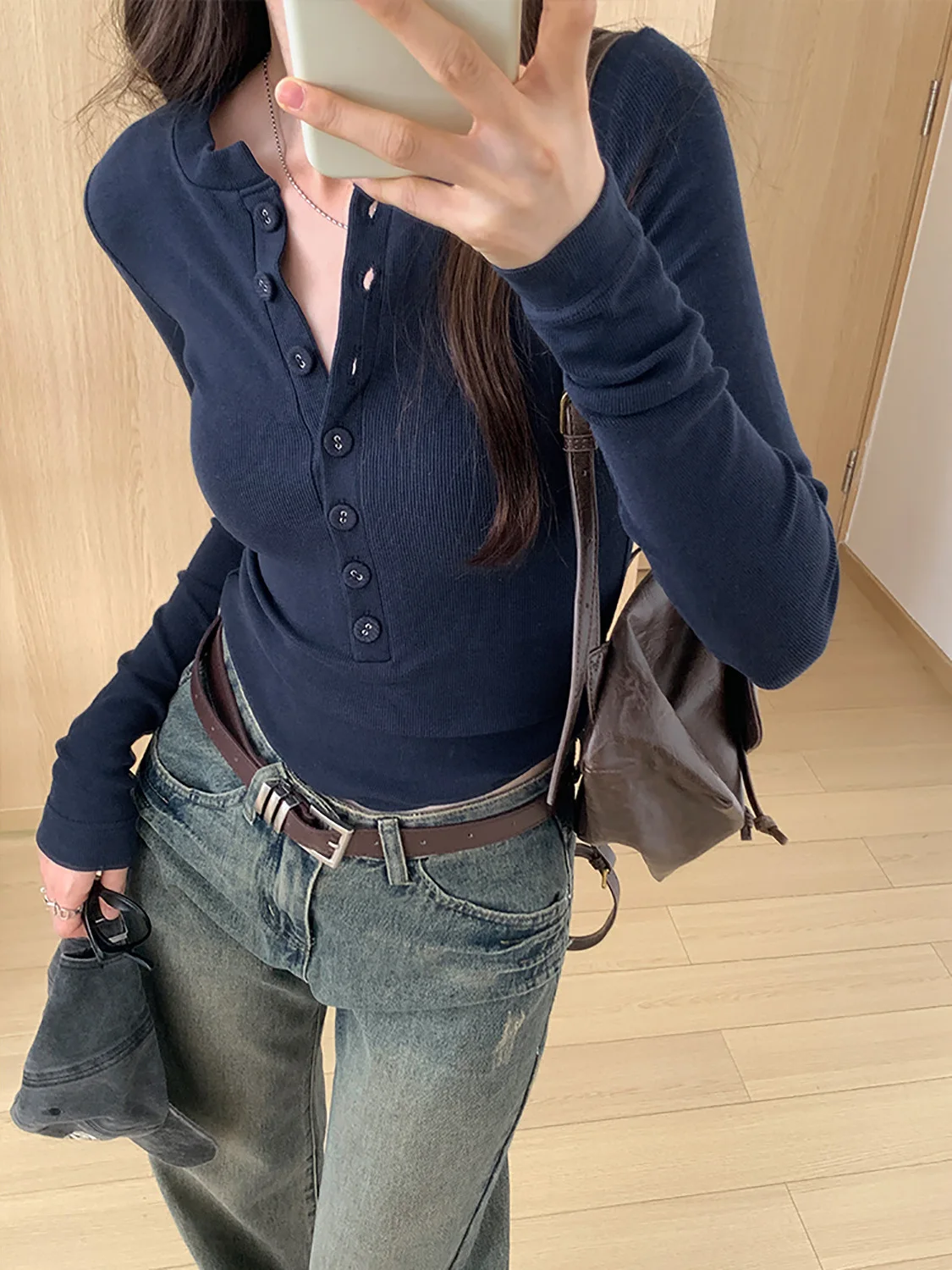 

Slim Fit Long Sve Henry Collar Base irt, женская ранняя осень 2023, новая верхняя одежда в Корейском стиле, верхняя одежда для сна, внутренняя одежда