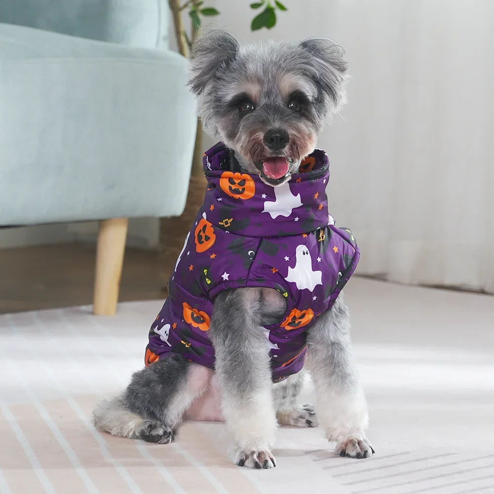 Halloween-Haustierjacke für kleine und mittelgroße Hunde und Katzen, Spinnennetz-Muster, Winter-Outdoor, wasserdicht, warm, Welpenkleidung, Yorkshire-Haustier-Outfits – Detail 5
