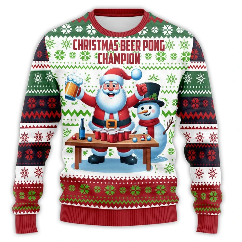 3D Print Ugly Christmas Sweatshirt For Men Women Funny Santa Claus Drank Beer Holiday Crew Neck Sweatshirt Mens Xmas Hoodies