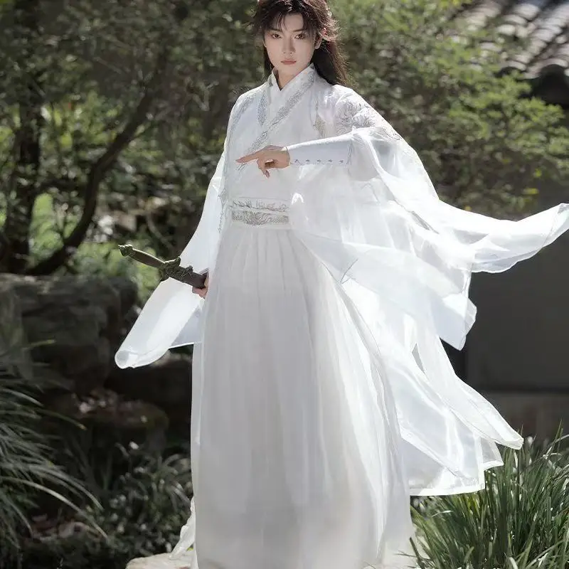 Set Kostum Periode Weijin Tiongkok Pria Wanita Hanfu Bordir Putih Tradisional Setelan Cosplay Pendekar Peri Pakaian Pesta Panggung