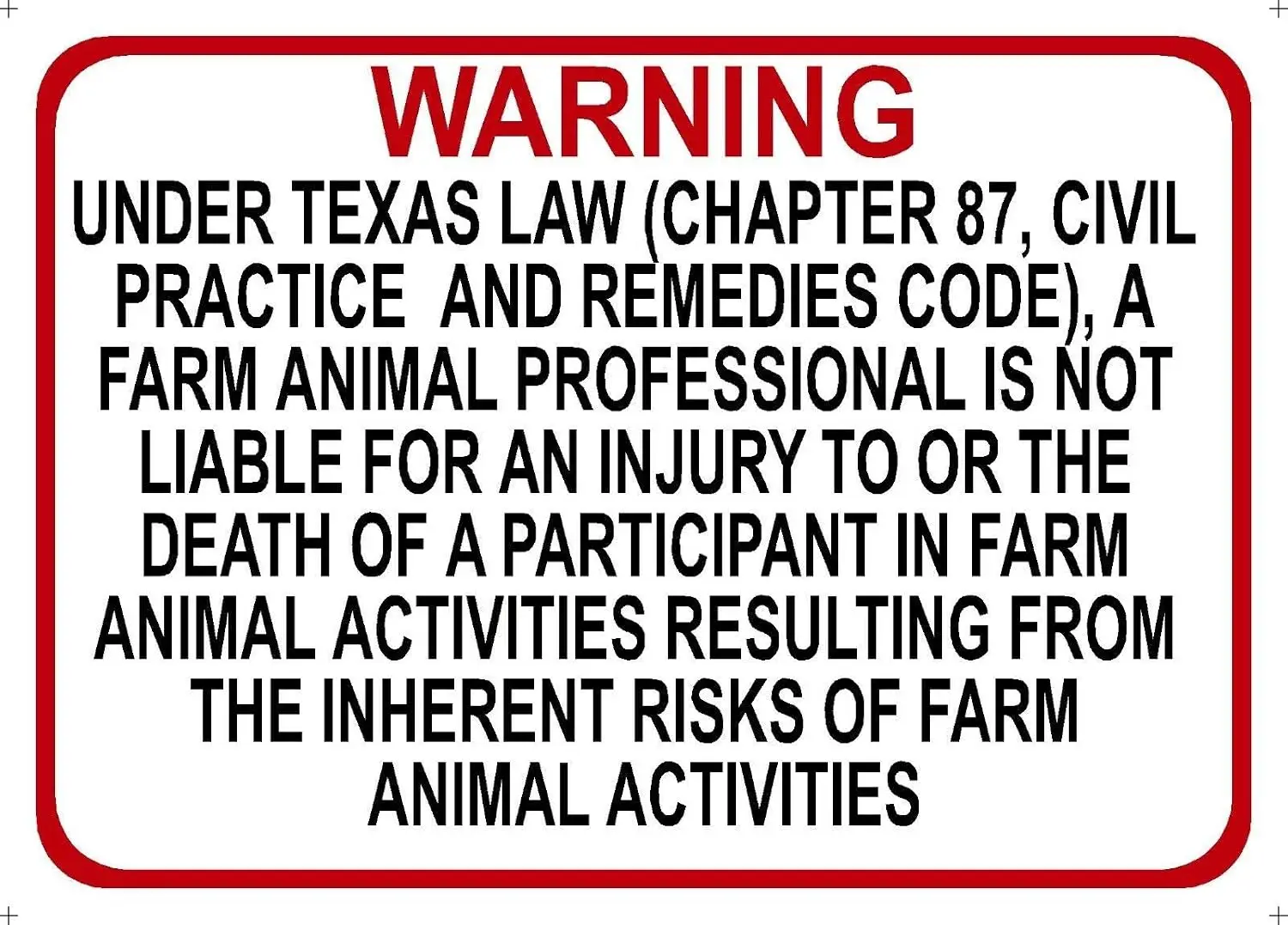 Warning Texas Farm Professional Liability Chapter 87 Civil Practice Code Safety Sign  --Tin Sign
