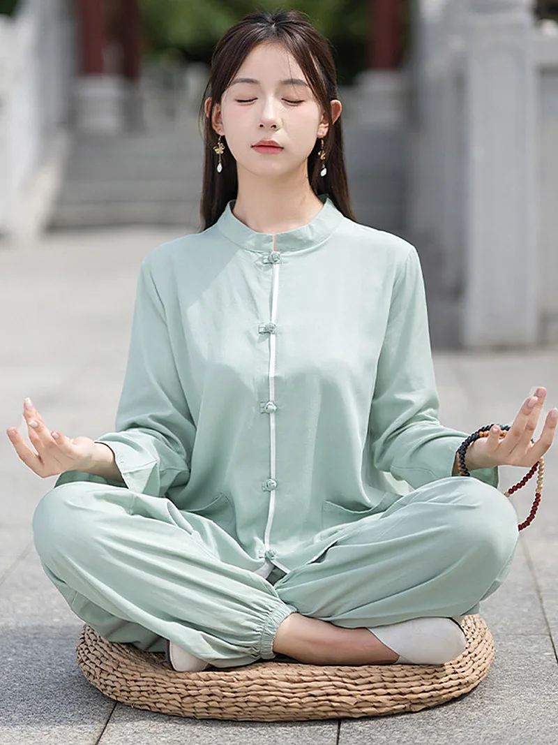 Chinese Zen Loose Buddhist Taoist Meditation Yoga Tai Chi Practice Suit - Unisex Qigong Cultivation Training 2Pcs Set