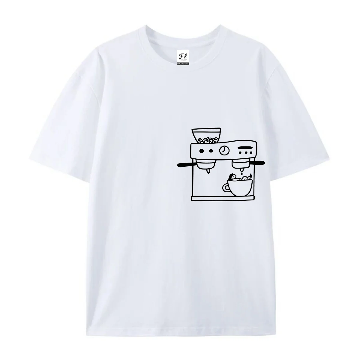 Cute Espresso Machine Graphic T-Shirt Hand Drawn Coffee Maker Cartoon Girl In Coffee Cup Funny Coffee Lover Short Sleeve Tops
