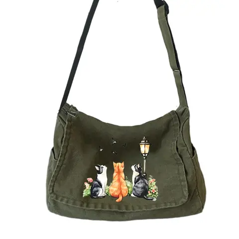 Kattälskares tygväska Vintage damaxelväska Flera fickor Axelväska för datorer Bokväska Pendling 8 best sales tygväska för laptop - №5