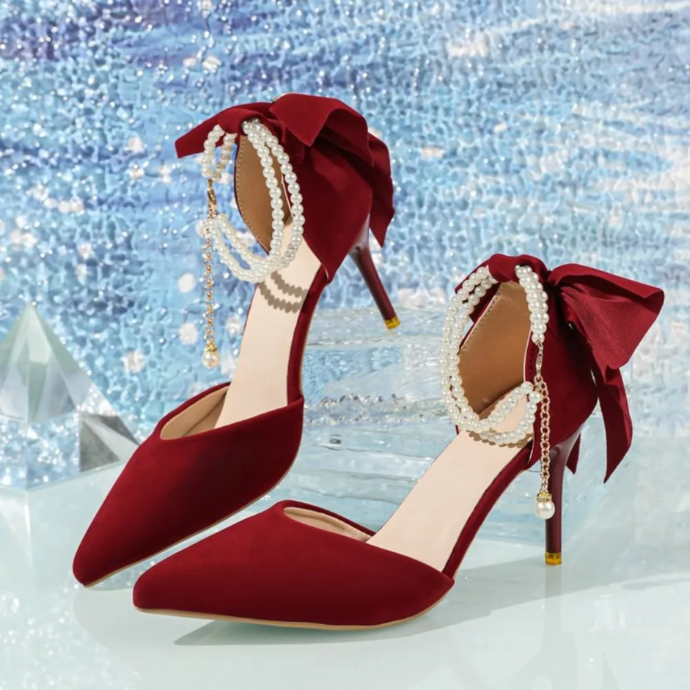 Women's Pumps Thin Heel Wedding Shoes 2026 Red Butterfly Shallow High Heels Buckle Strap Sandals Elegant Pointed Toe Women Shoes
