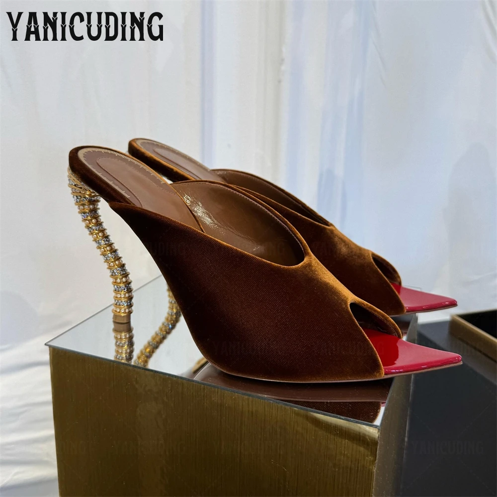 

S-Shaped Bijou Heel Mules Luxurious Pearls and Gold Rhinestones High Heeled Slippers Black Brown Velvet Slip on Summer Slippers