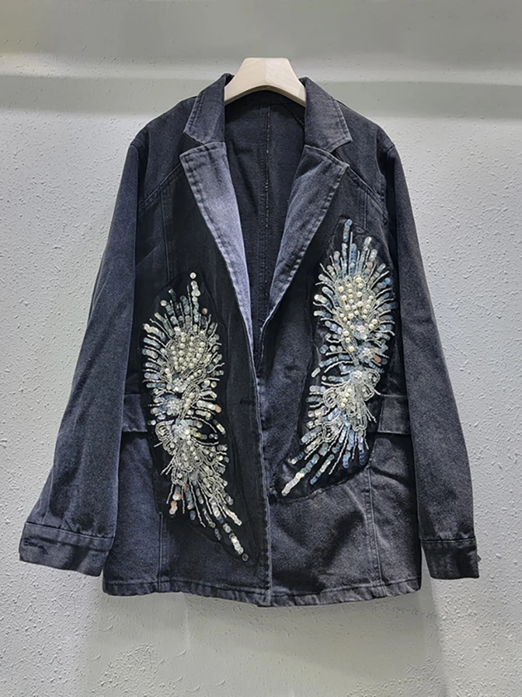 DEAT Women's Denim Blazer Patchwork Sequins Beading Pearls Notched Collar Black Suit Jackets 2025 Spring New Fashion 29L8255