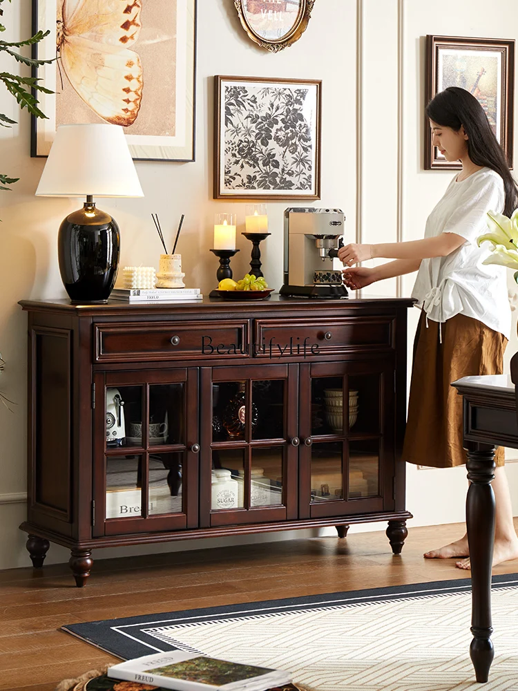 American-Style Solid Wood Three-Door Sideboard Living Room Wall Retro Storage Cabinet