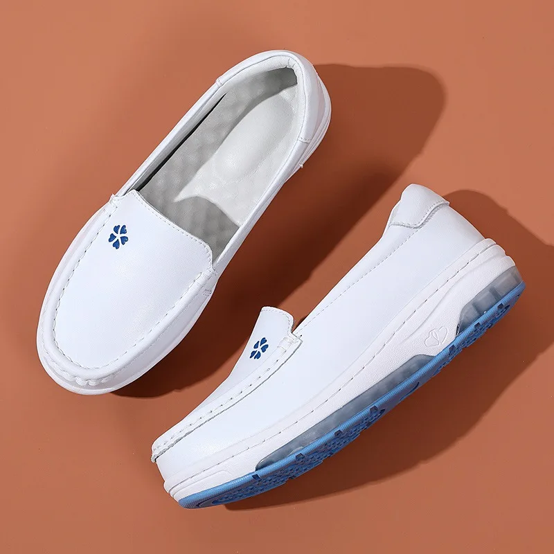 

Leather Air Cushion Nursing Shoes with Soft Sole Breathable Odor Proof Anti Slip Flat Bottom White Medical Shoes