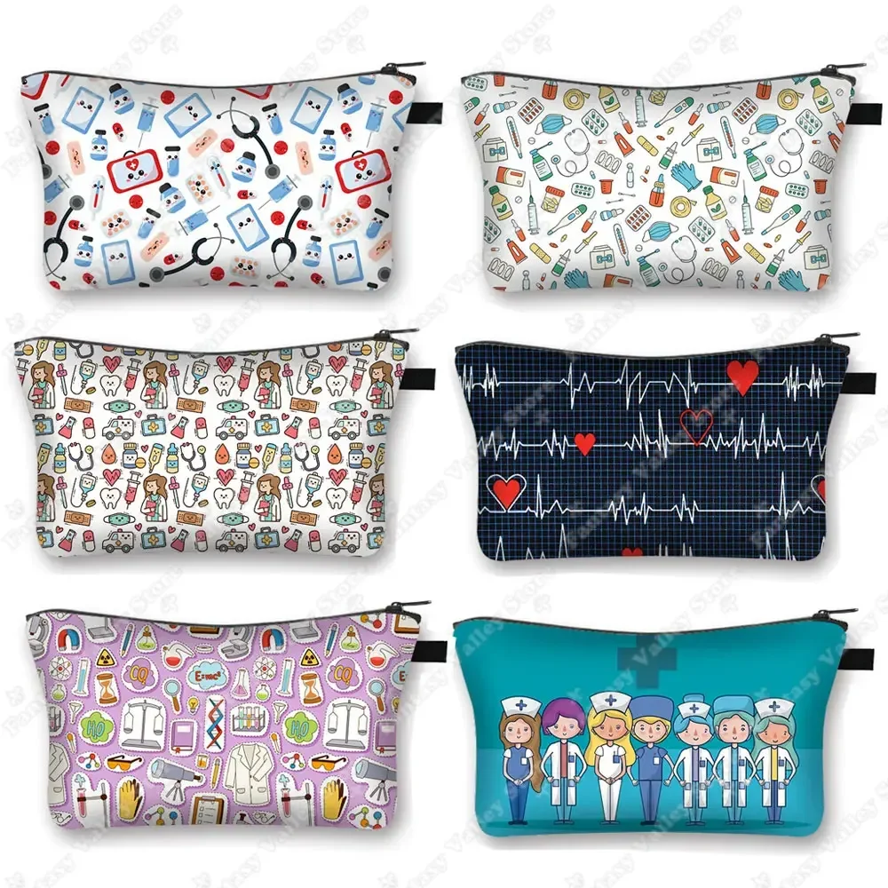 Estuche de cosméticos con tapa de médico y enfermera para mujer, estetoscopio médico, jeringa, bolsa de aseo, organizador, bolsas de cosméticos, bolsa de maquillaje de Hospital ECG