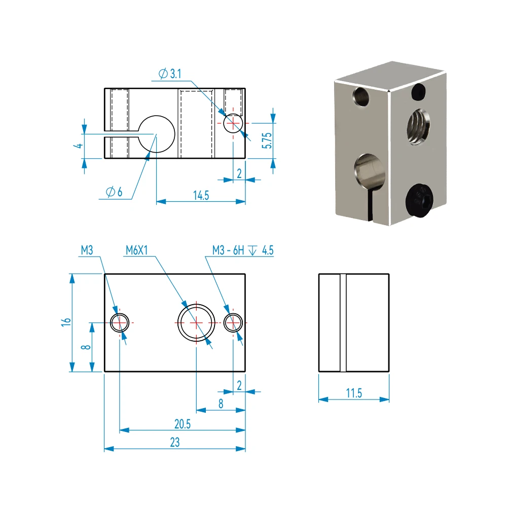 V6 PT100 Heizblock aus plattiertem Kupfer und Messing, 3D-Druckerteile, beheizter Blocksock für Upgrade E3D V6 Hotend DDB Titan Extruder – Detail 8