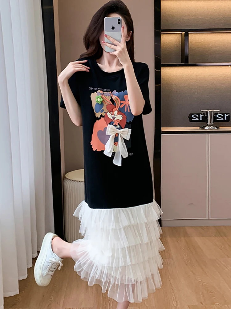 Feminino coreano moda casual vestido de férias verão preto impressão dos desenhos animados arco y2k vestido 2025 novo elegante retalhos malha em camadas vestido