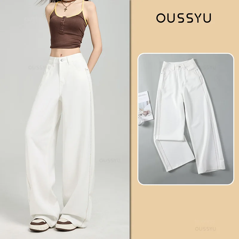 

Spring Summer Straight Jeans Women White Denim Pants Streetwear Elastic High Waist Wide Leg Pants Harajuku Trouser Plus Length