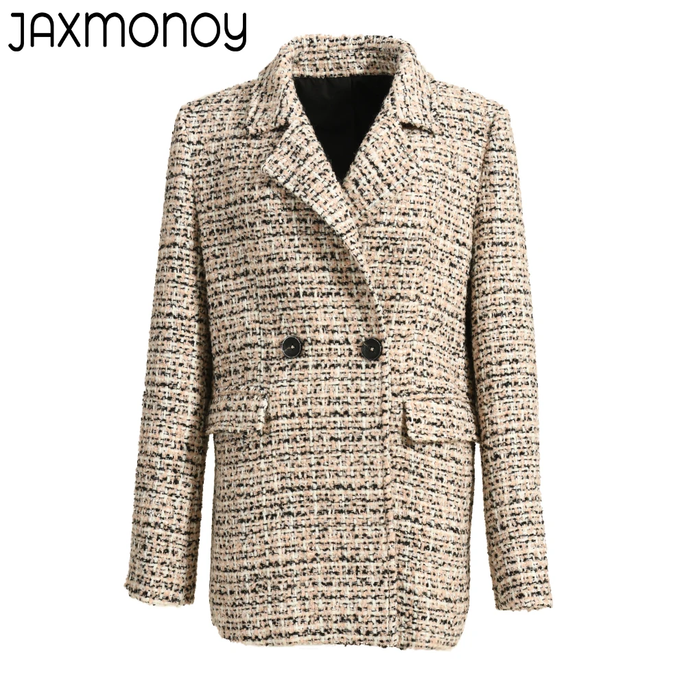 Jaxmonoy Women's Tweed Jacket Double-Breasted High-Quality Winter Woolen Coat Fashion Office Ladies Suit 2023 Spring New Style