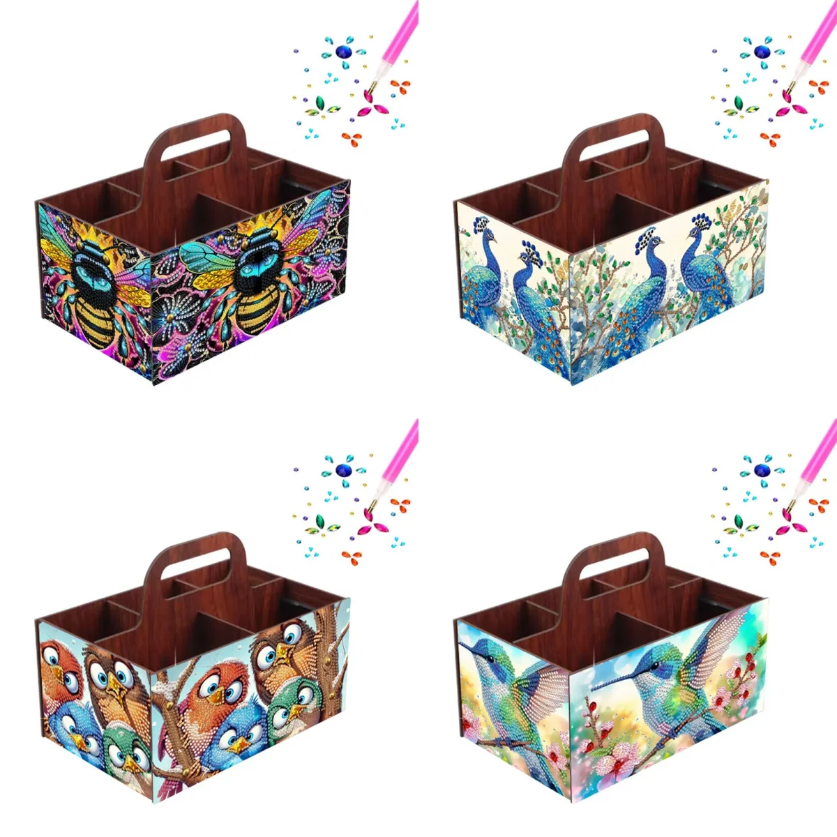 

Набор из 1 предмета, деревянный ручной ящик для хранения своими руками с ромбовидной росписью, креативное украшение для рабочего стола специальной формы со стразами в виде животных