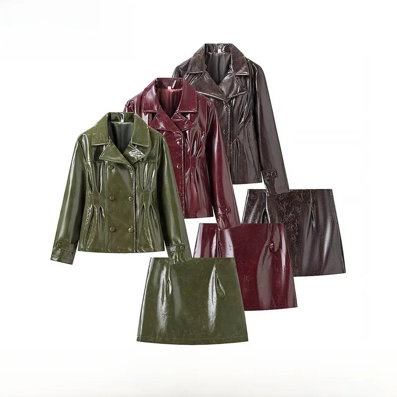 Fashionable Bright Leather Jacket And Short Skirt Set New Autumn Winter Women's Clothing Versatile Long Sleeve Warm European ...
