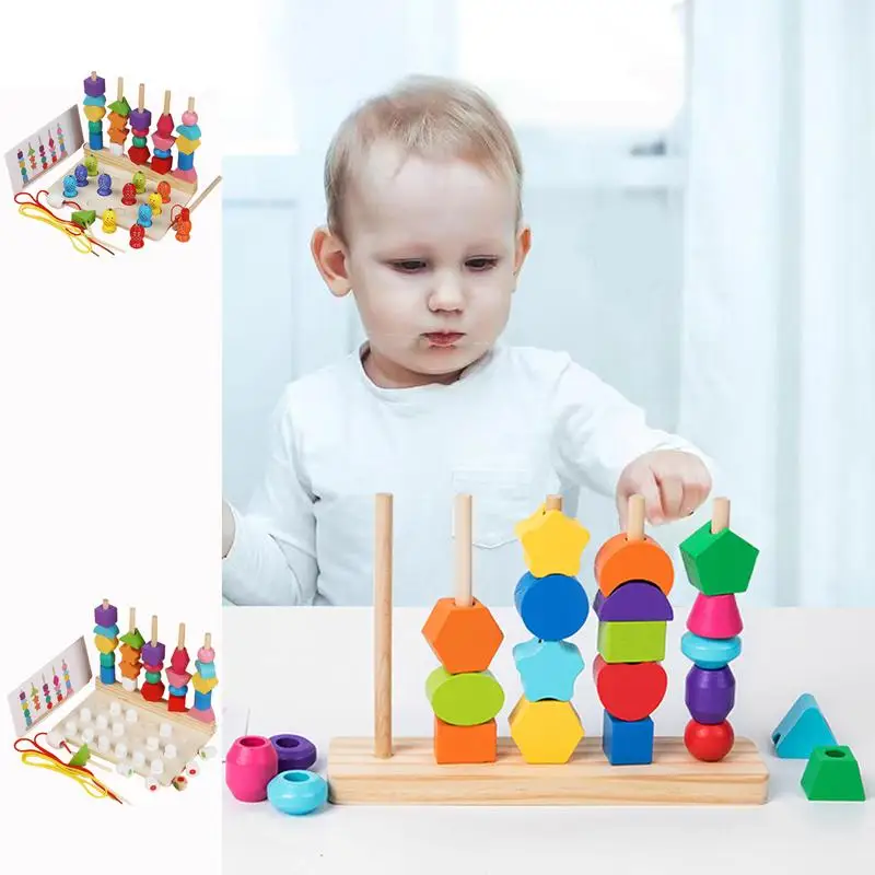 Ensemble de jouets de séquençage de perles en bois Montessori, jouets assortis, couleurs saillantes, empilage, apprentissage perlé