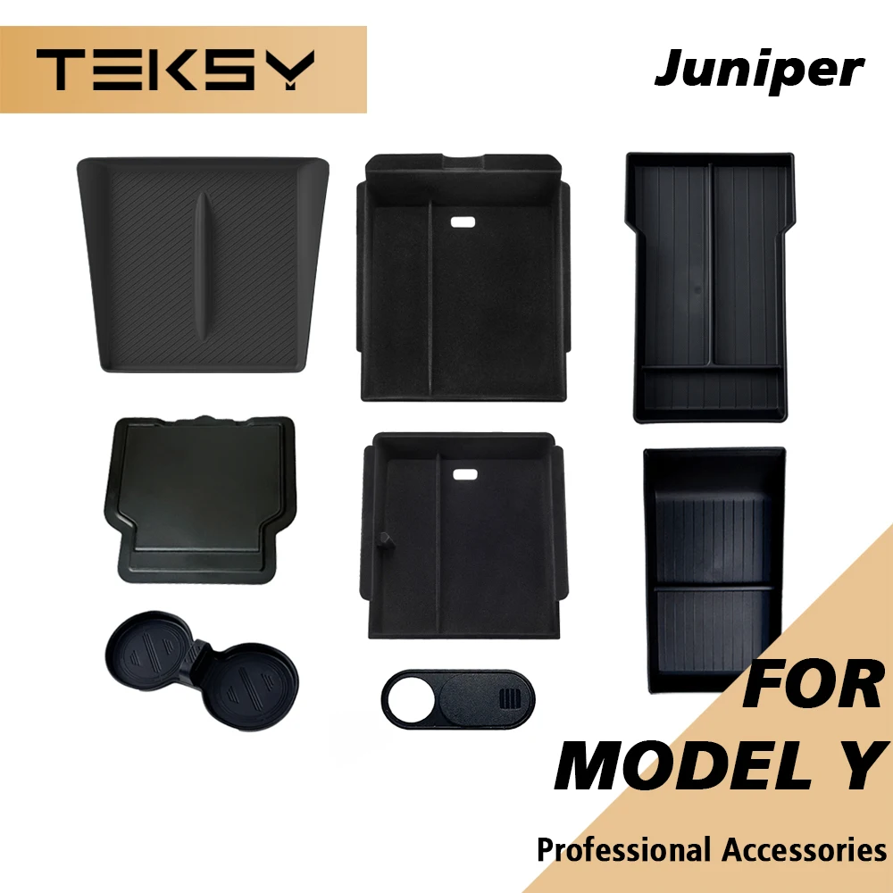 TEKSY Para Tesla Novo Modelo Y 2025 Juniper: Console e Apoio de Braço, Caixa de Armazenamento Superior e Inferior Aveludada, Suporte para Copo e Tampa da Câmera