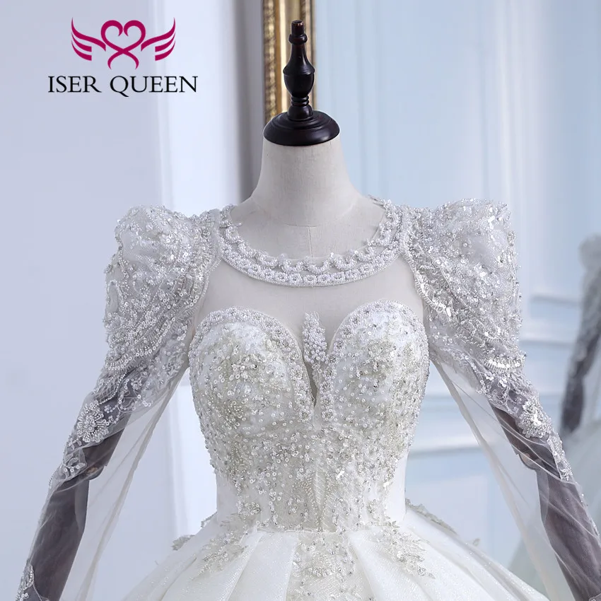 カスタマイズされたパフスリーブ夜会服のウェディングドレスアイボリーシャンパンカラーヘビービーズギルターチュールウェディングドレス結婚WX0306