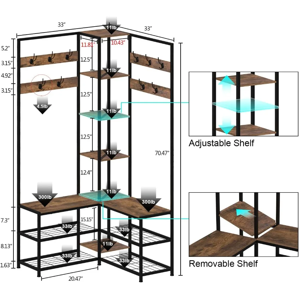 شجرة قاعة المدخل الصناعية الحديثة مع وحدة تخزين الأحذية ورف المعاطف وأرفف العرض للمنزل