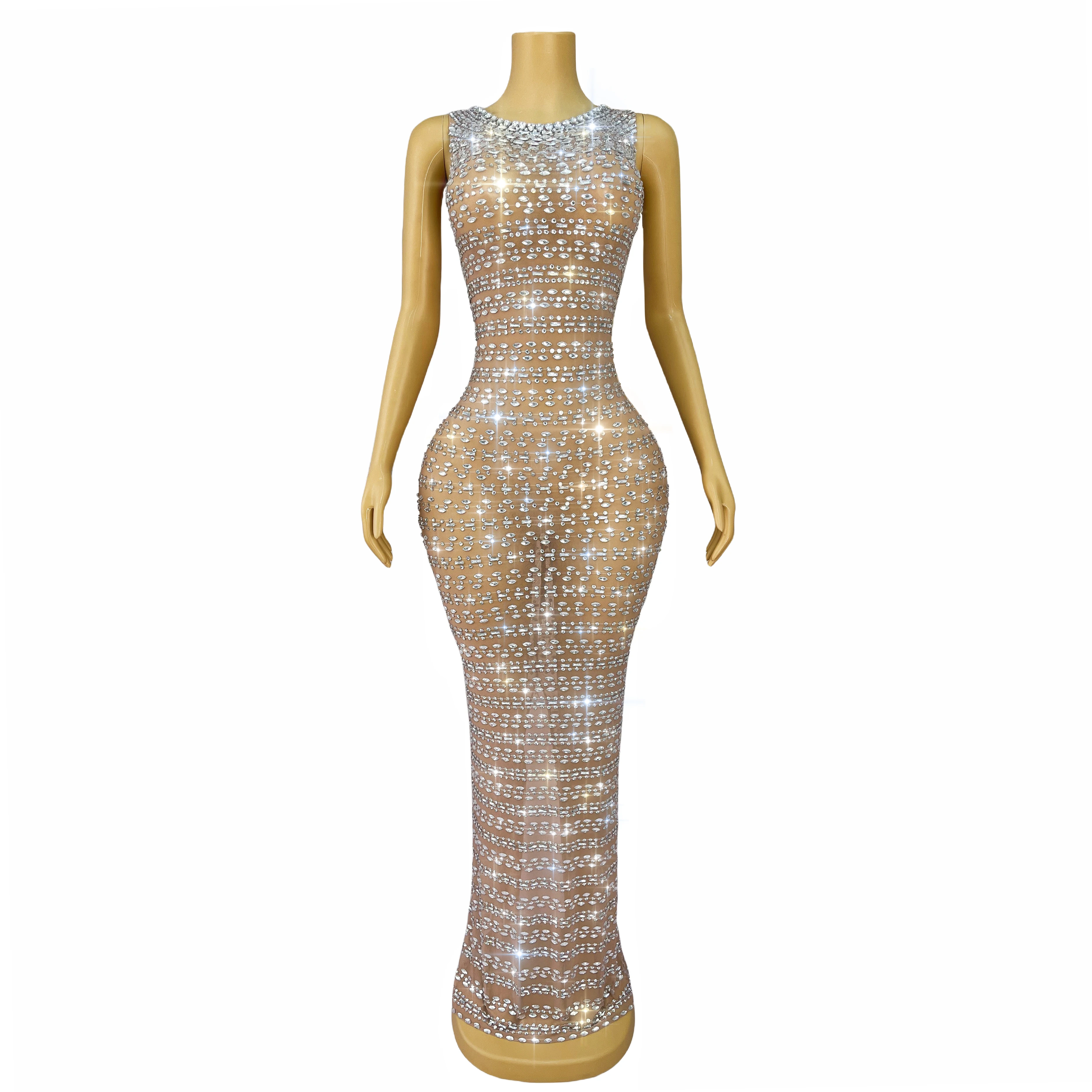 Elegant Twinkling Rinestones Sexy Nude Mesh Trim fiit Dress Women Evening Party Gown Show Red carpet Fashion Outfit Gangsiqiu