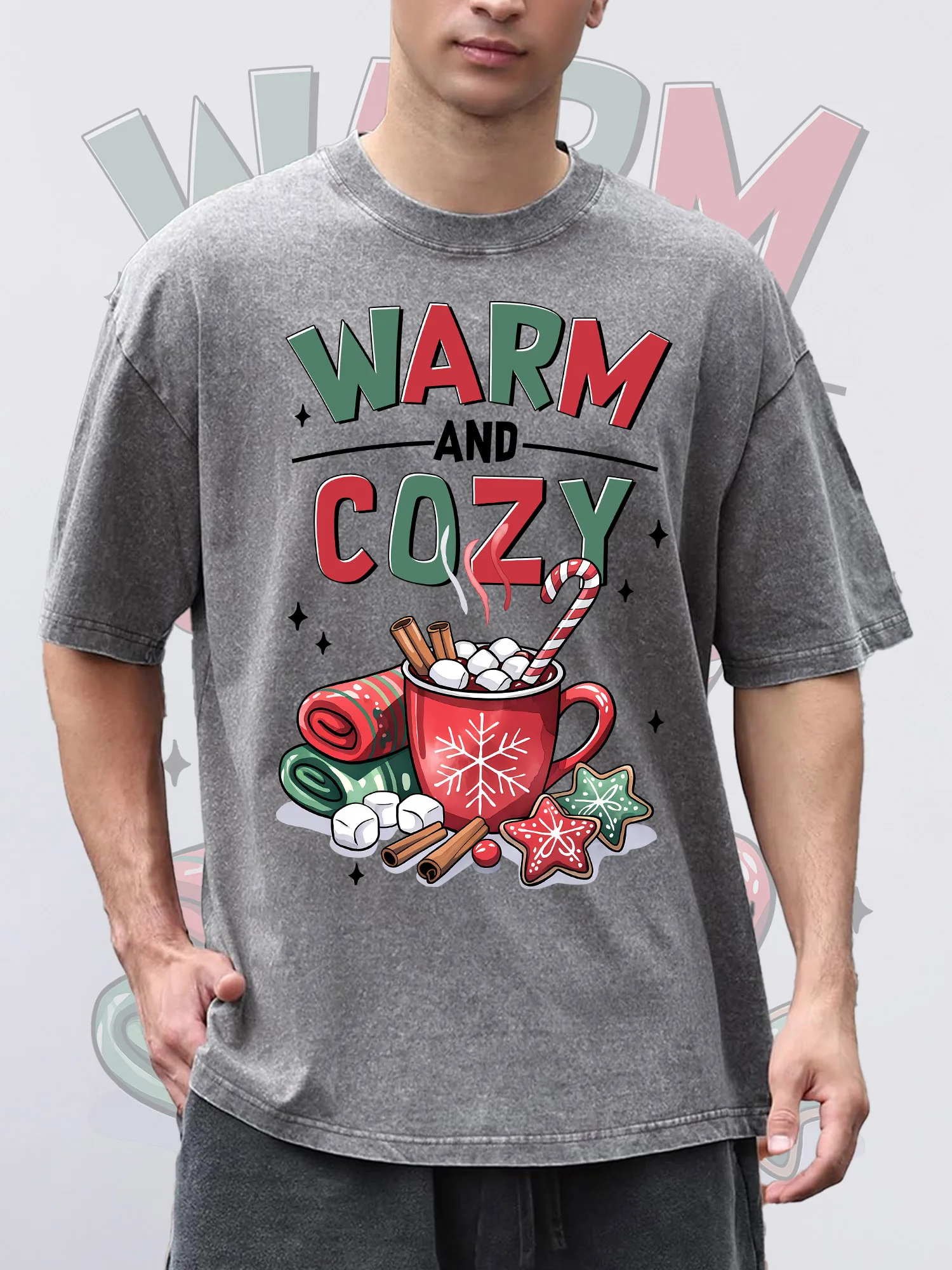 

Men's T-Shirts WARM AND COZY Printed Grey Short-Sleeve Crew Neck Loose Summer 100% Cotton Acid Washed Christmas Theme T-Shirt